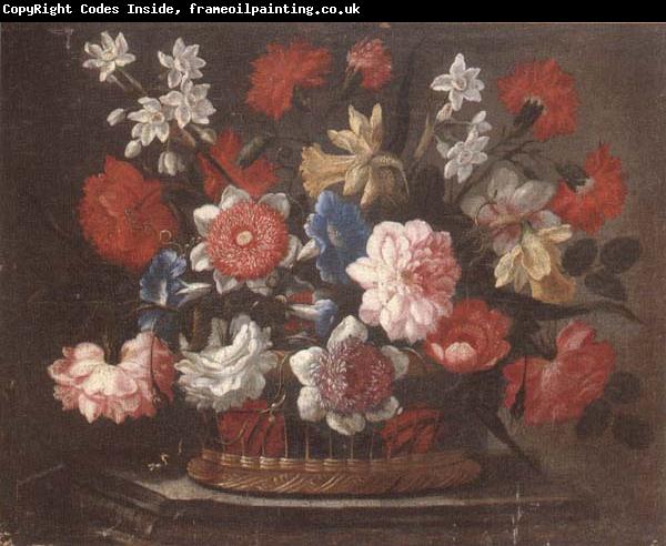 unknow artist Still life of various flowers in a wicker basket,upon a stone ledge